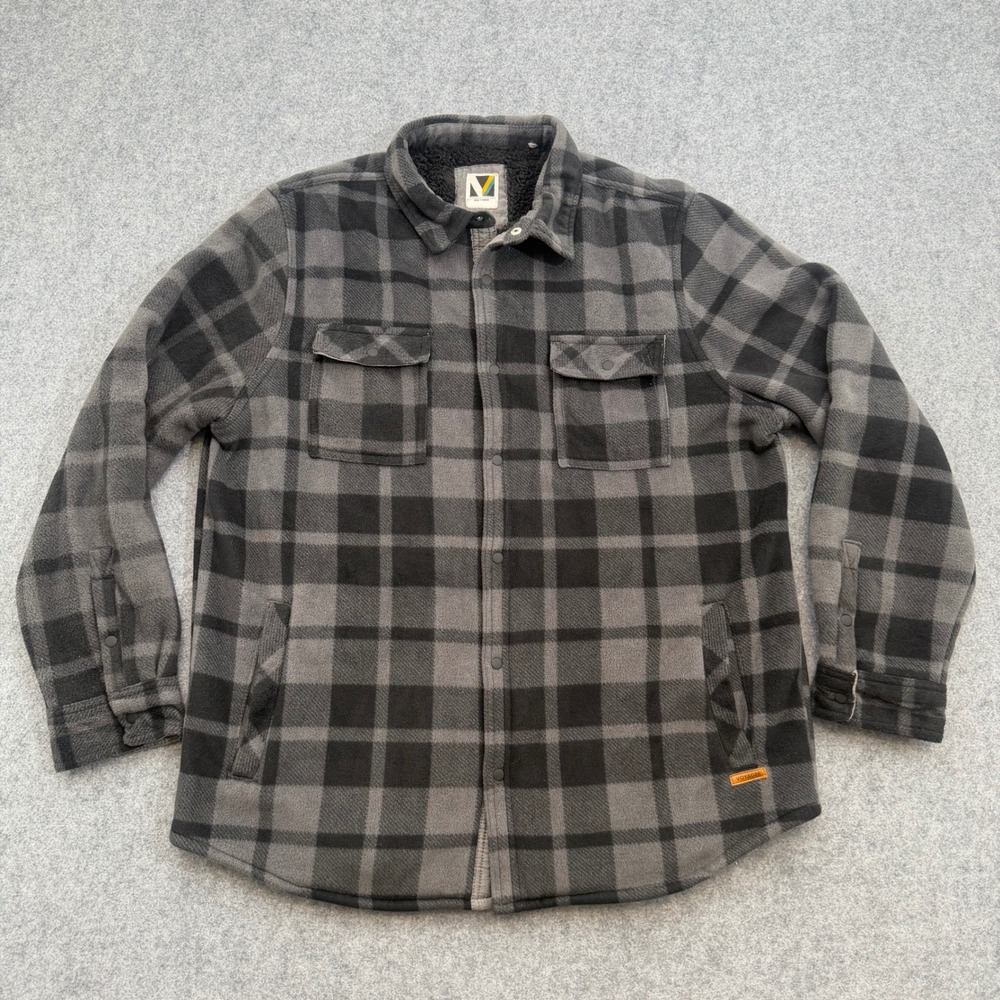 Voyager Mens XL Fleece Sherpa Lined Plaid Shirt Jacket Gray Black Shacket